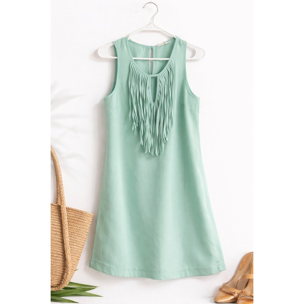 Mint Green Fringe Dress Sugarlips Sleeveless Shift Boho Festival Medium